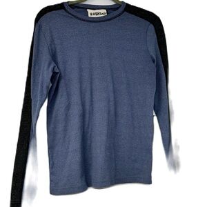 Hashtag woman’s  l blue black striped sleeve statement sleeve ribbed sparkle top